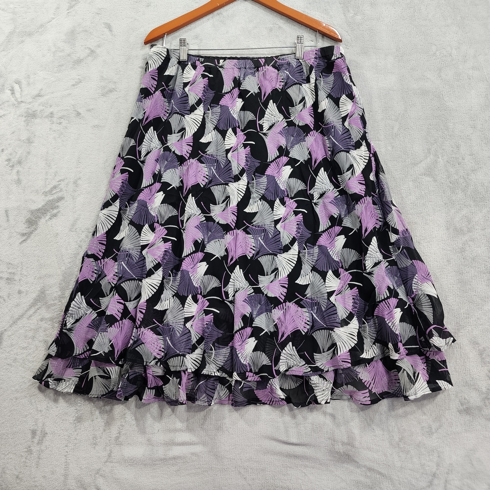 Vintage JM Collection Skirt Womens 14 Black Purple Floral Chiffon A-Line Midi